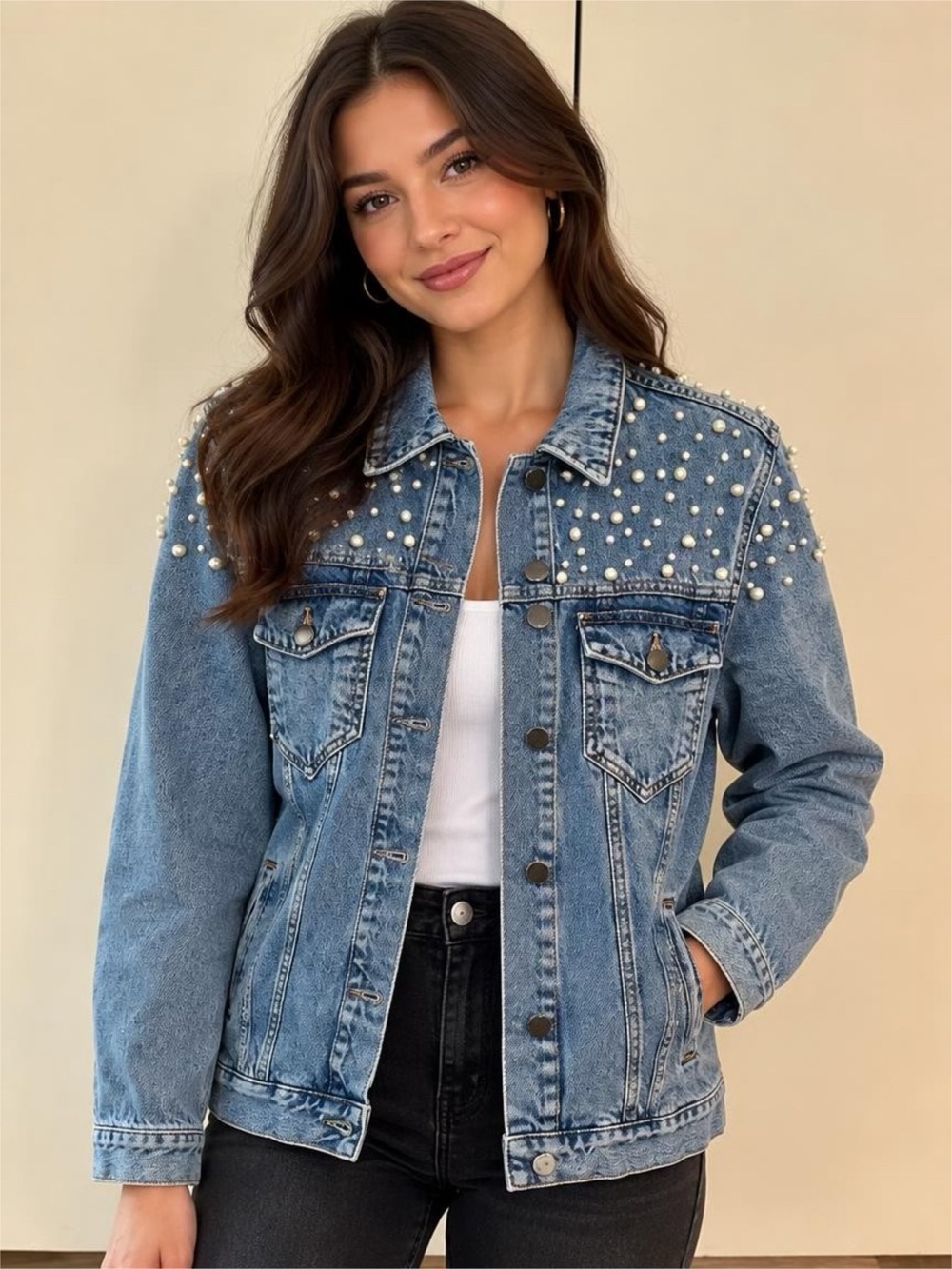 Denim&Co Light Blue Pearl-Embellished Denim Jacket